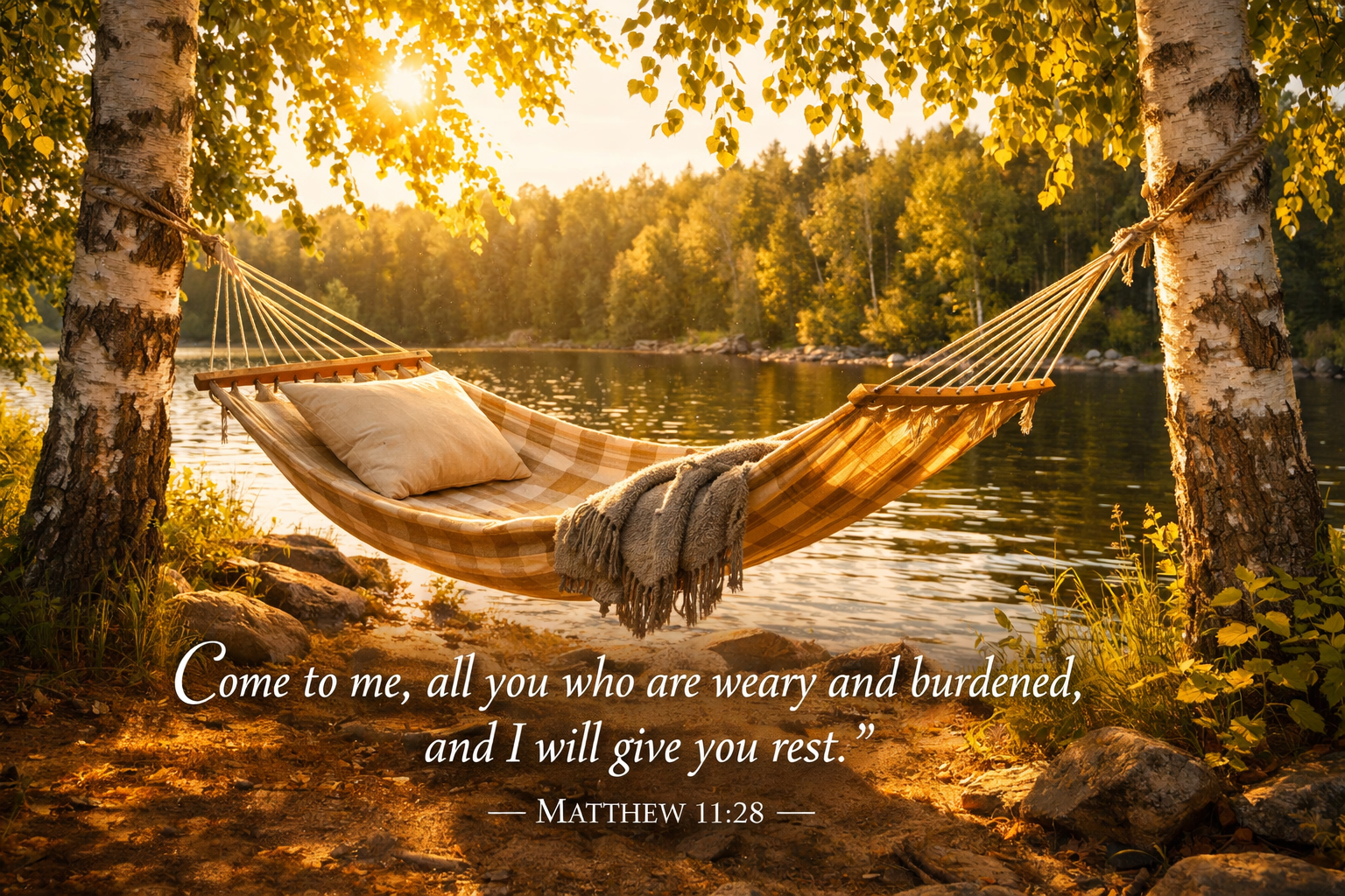 Bible verse wallpaper Matthew 11:28 with hammock between birch trees at a peaceful lakeside in afternoon sun